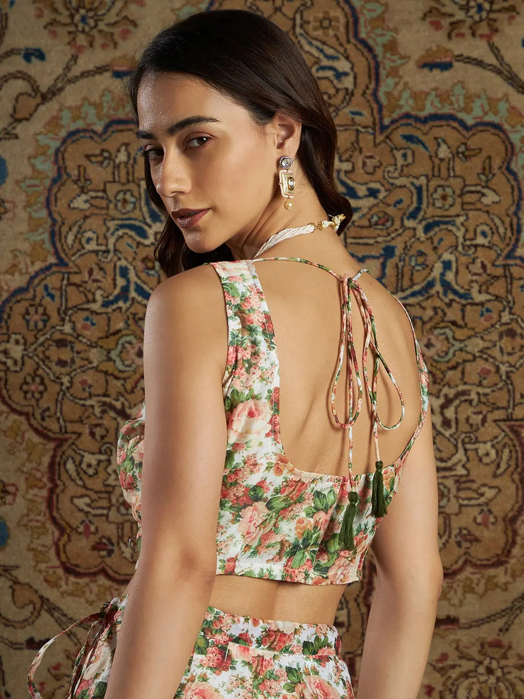 Women Peach Chanderi Floral Sleeveless Crop TopCroptopgadget