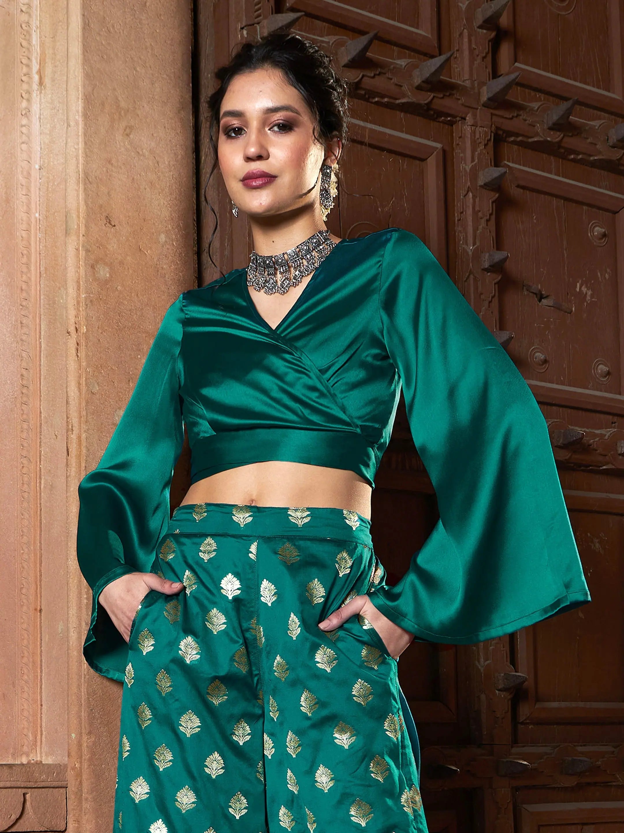 Women Teal Satin Wrap Crop TopCroptophoodie