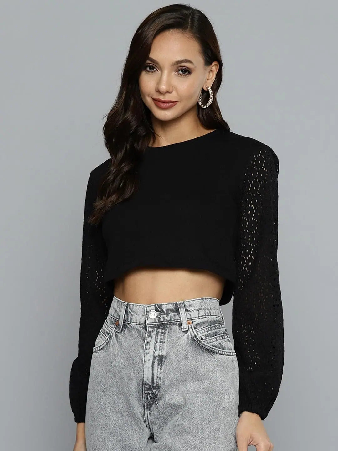 Women Black Schiffli Round Neck Crop TopCroptopcollector