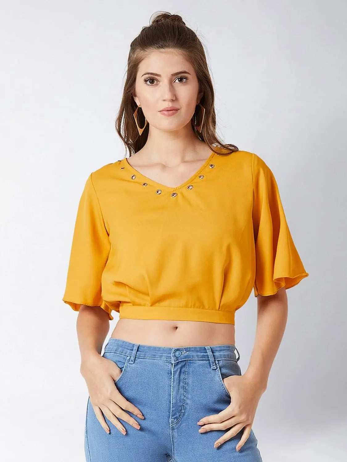 Up A Notch Eyelet Crop Mustard Yellow TopCroptopsilk