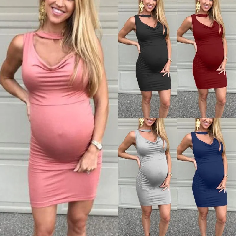 Geometric DressV-neck sleeveless vest solid color maternity dress