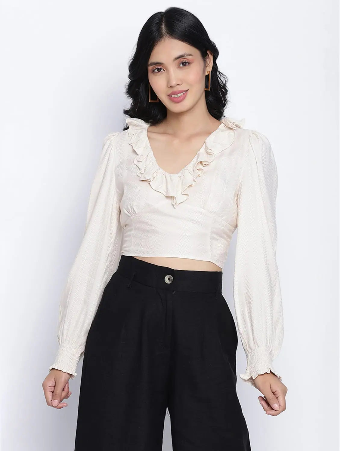 Oatallic White Frilled Design Women Crop TopCroptopquality