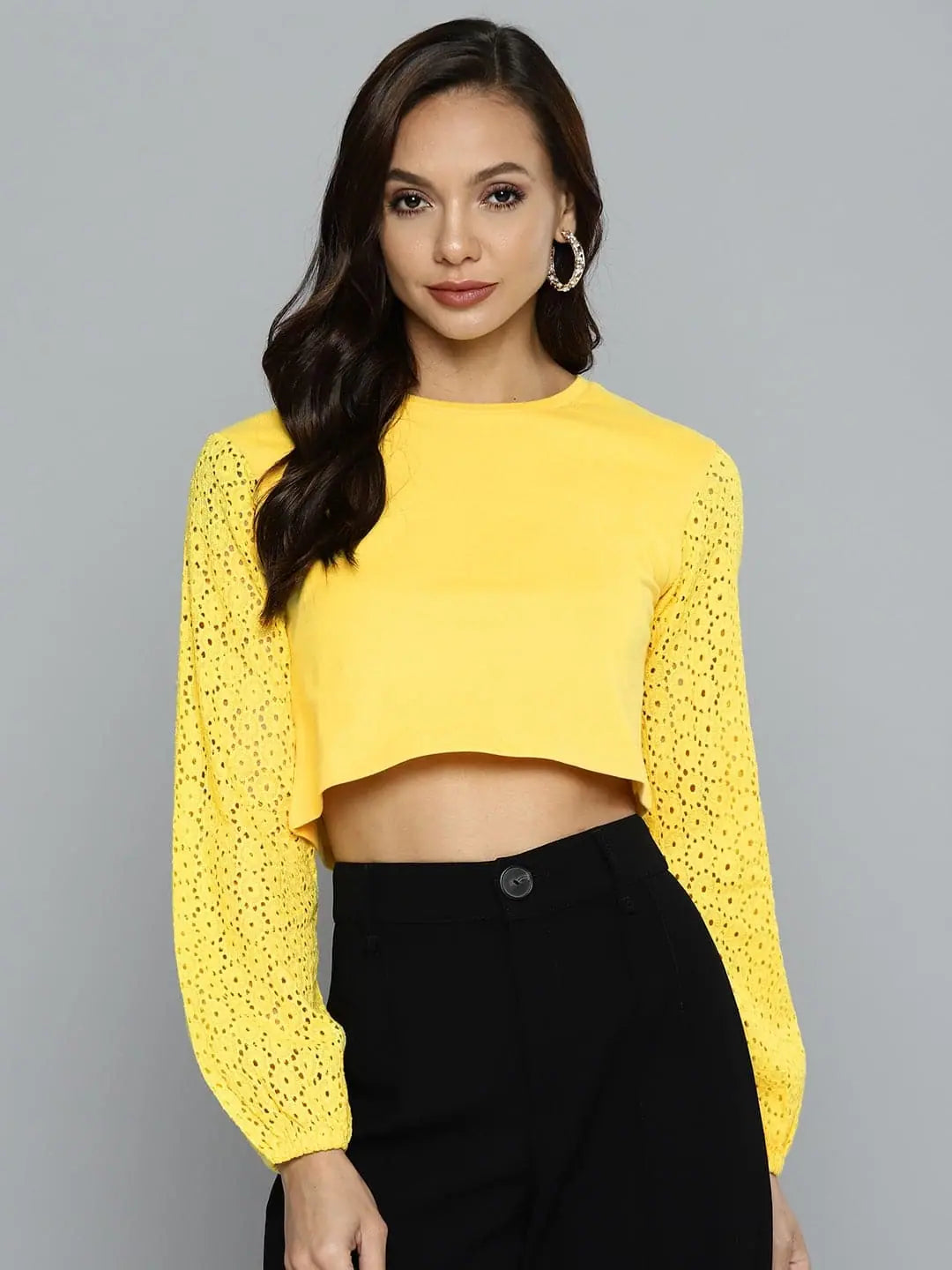 Women Yellow Schiffli Round Neck Crop TopCroptopheritage