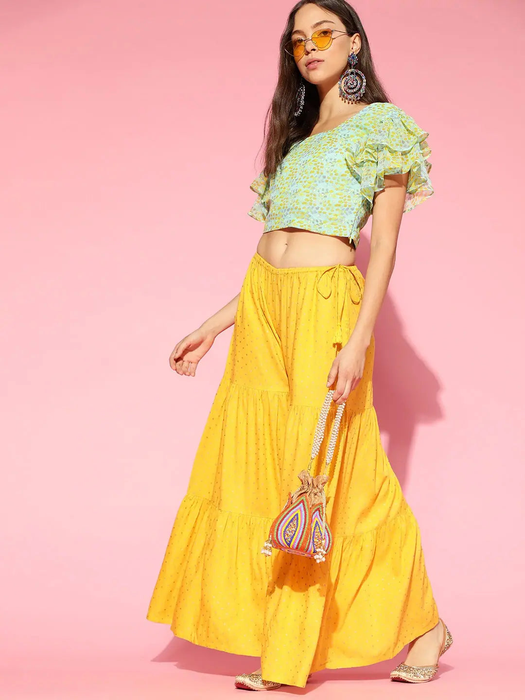 Ahika Green Georgette Blouson Crop TopCroptopvintage