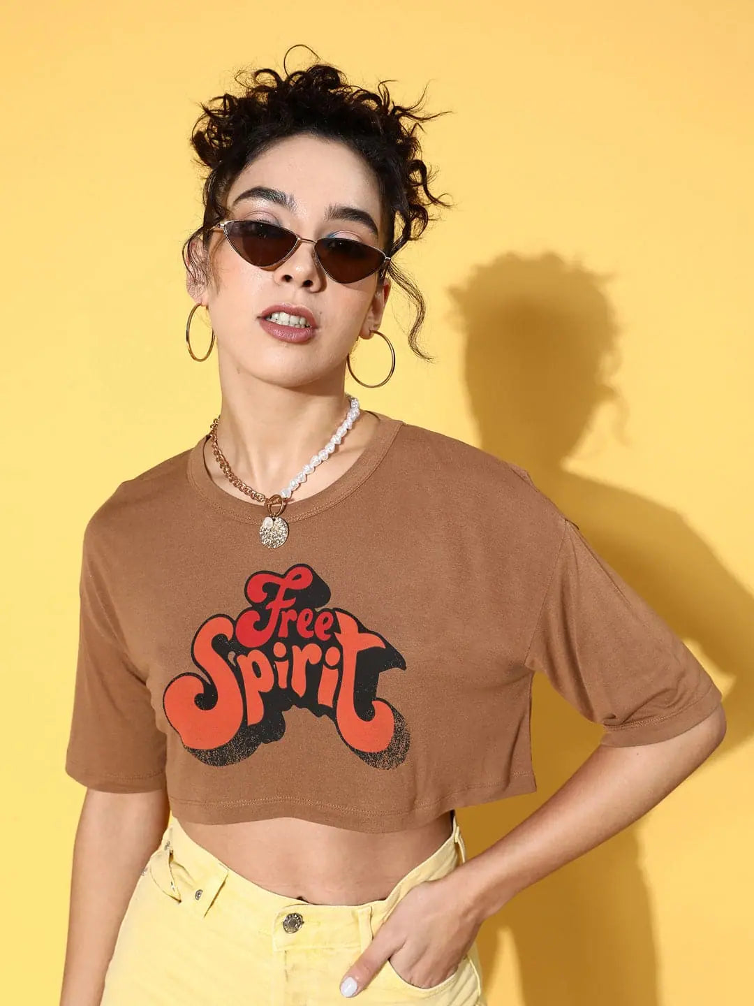 Women Brown Free Spirit Crop T-shirtCroptophem