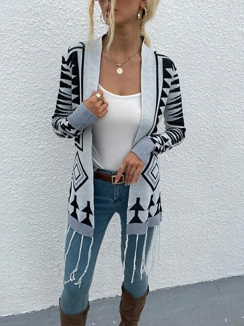 Performance Knit TopsGeometric Fringe Hem Open Front Cardigan