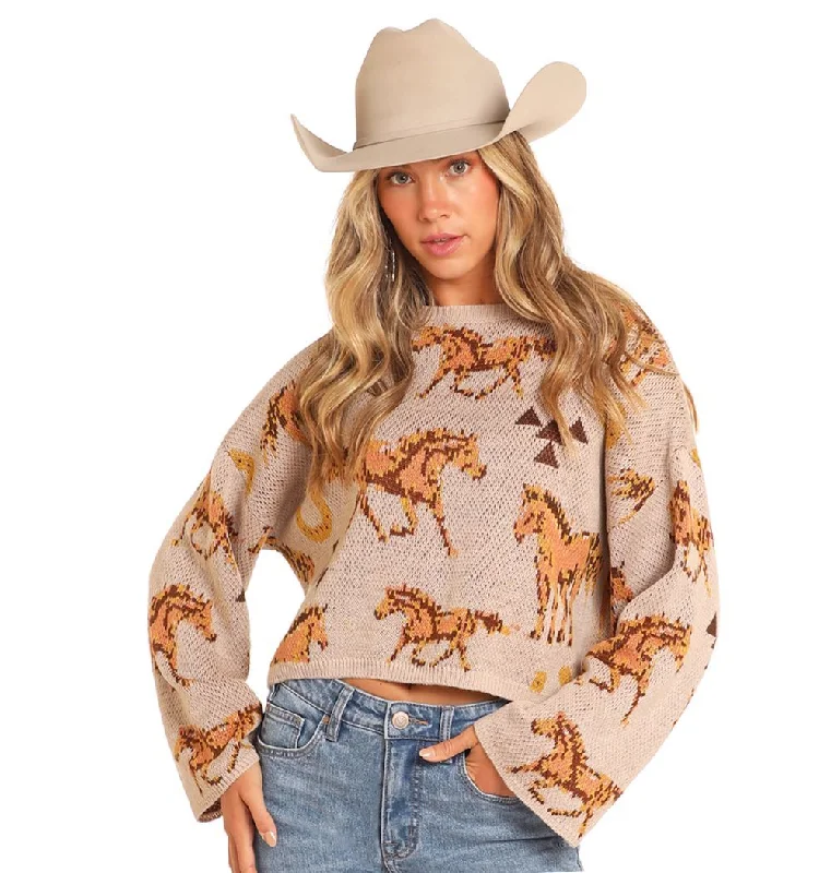 Tasseled Knit TopsROCK & ROLL DENIM HORSE PRINT SWEATER