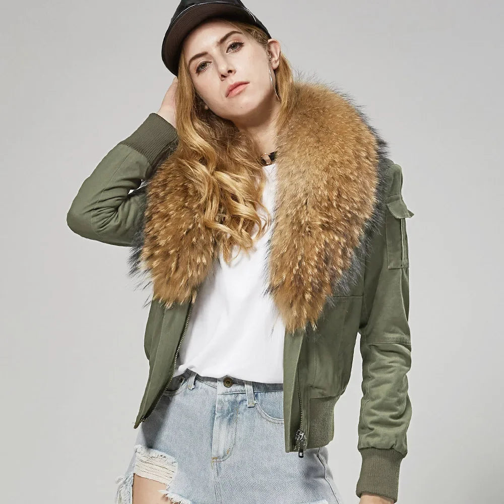 Skateboard JacketsWomen's High Street Solid Pattern Cotton Raccoon Fur Collar Winter Jacket