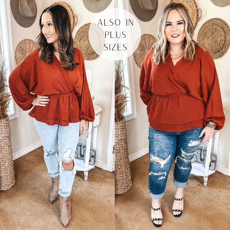 Last Chance Size Small | Move to the Music Long Sleeve Deep V Peplum Top in Rust Red