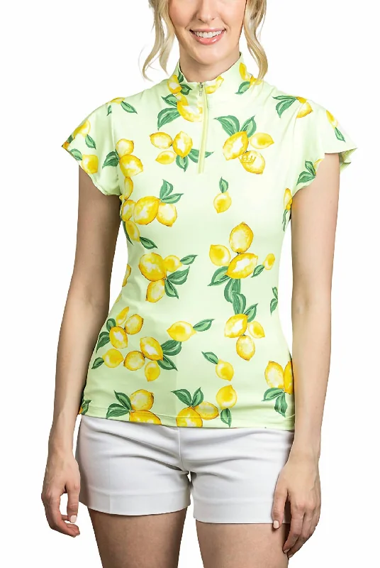 Polka Dot Shirts1/4 Zip Flutter Sleeve Sun Shirt In Lemon-Lime Cream