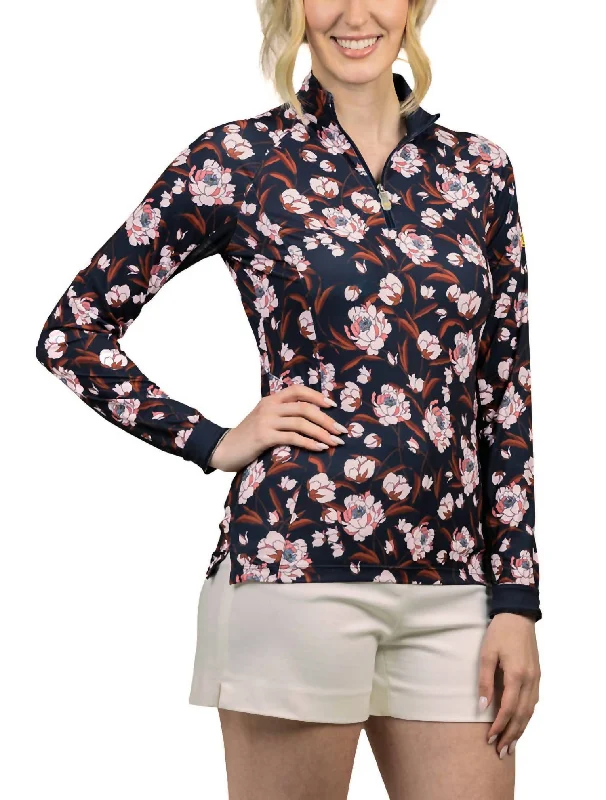 Hiking Shirts1/4 Zip Long Sleeve Sun Shirt In Navy Peonies