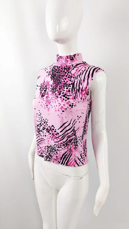 Cardigan sleeveless topEmanuel Ungaro Vintage Womens Pink Animal Print Sleeveless Top