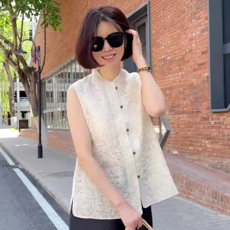 Cotton sleeveless topsRetro Floral Lace Sleeveless Chinese Style Top for Summer