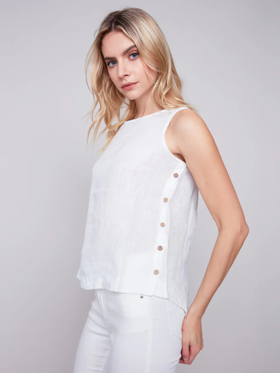 V-neck sleeveless topsSleeveless Linen Top with Buttons