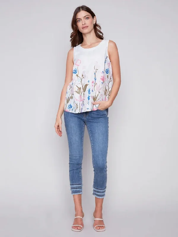 Spliced ​​sleeveless topsC.B 4532P Floral Sleeveless Linen Top